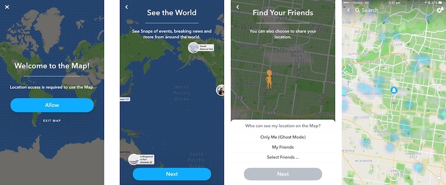 Screenshots of new Map feature of Snapchat
